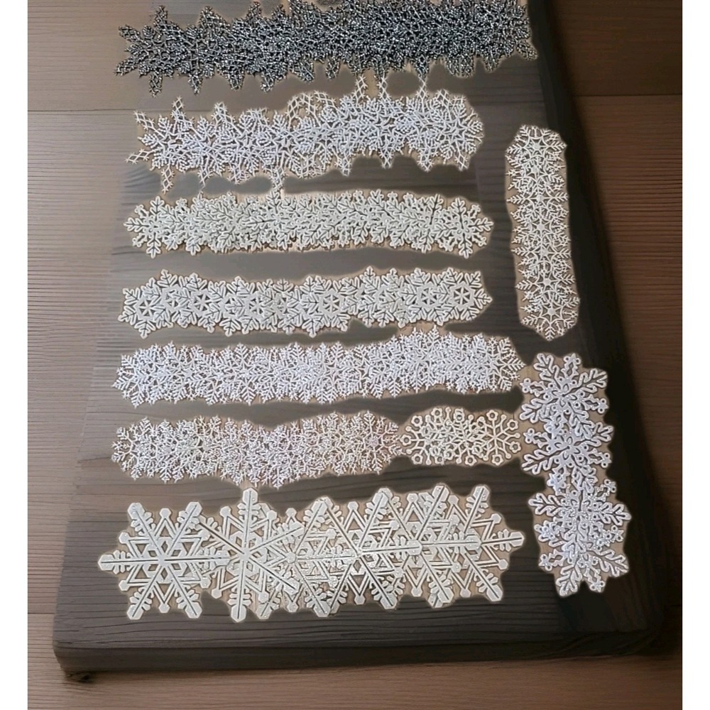 Lot Of 98 White & Silver Plastic Glittered Snowflakes-10 Styles-Christmas-Winter